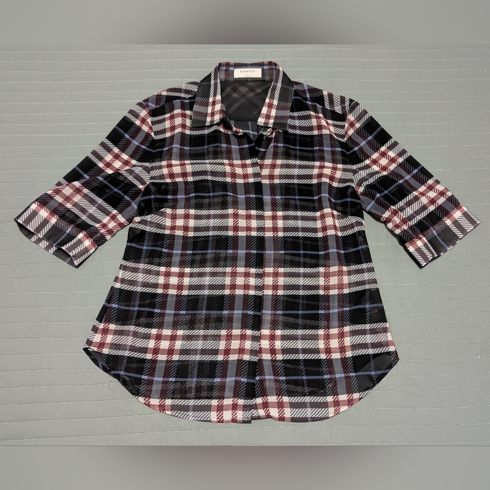 Women's BABATON Short Sleeved Blouse, Plaid, Mesh Material Size S